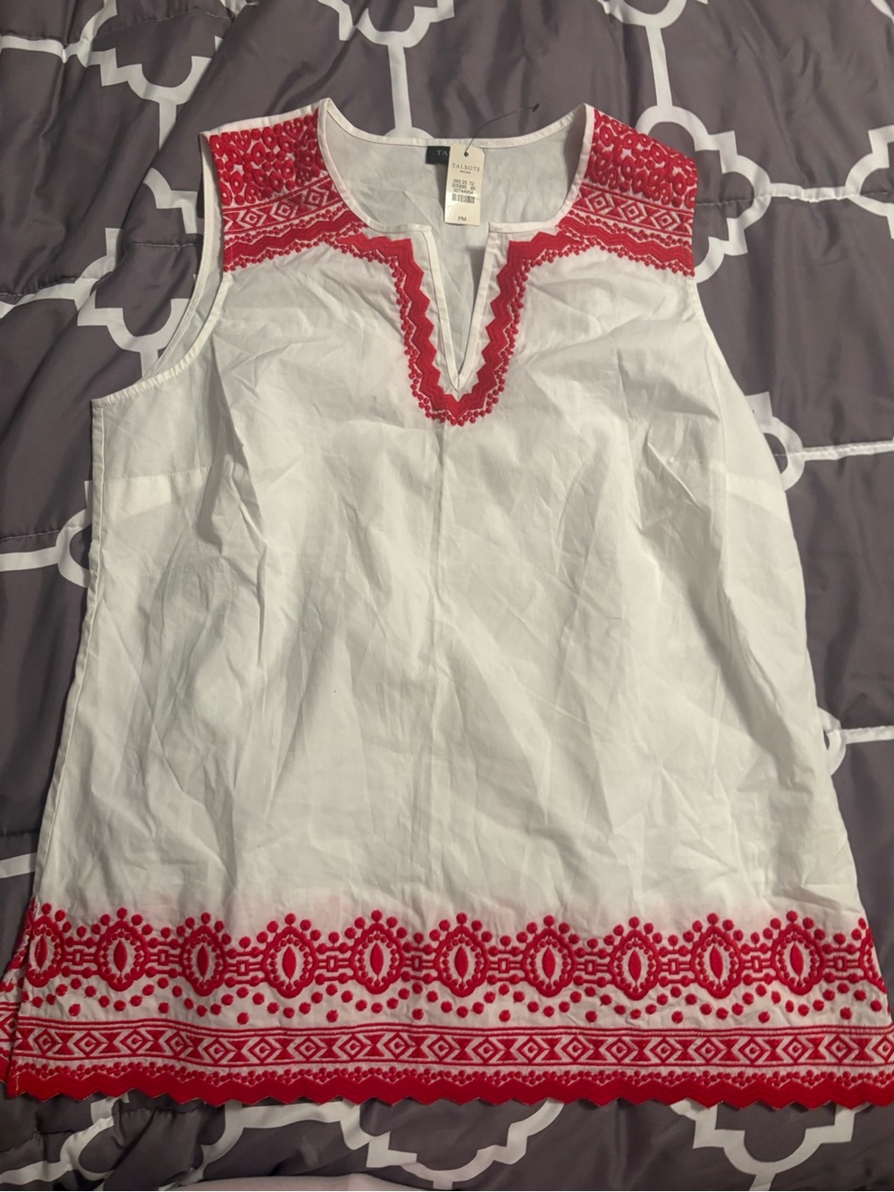 Talbots White Sleeveless Tunic with Red Embroidered Trim